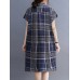 Cottagecore Letter Plaid Print Pocket Cotton Lapel Midi Dress