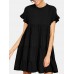 Round Neck Ruffle Button Pleat Short Sleeve Mini Dress