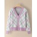 Women Plaid V  Neck Knitted Elastic Cuff Color Block Cardigan