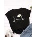 Women Smile Daisy Print Multicolor O  Neck Short Sleeve Casual T  Shirt