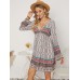 Print Ethnic Pattern Patchwork V Neck Long Sleeve Midi Dress