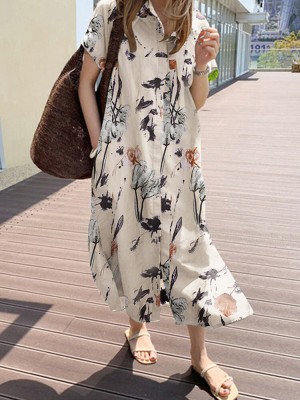 Cottagecore Plant Print Pocket Button Cotton Short Sleeve Shirt Dress