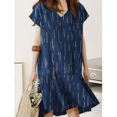 Striped Print Ruffled V Neck Short Sleeve Midi Dress