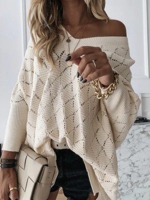 Women V  Neck Solid Color Hollow Out Dolman Sleeeve Knit Sweaters