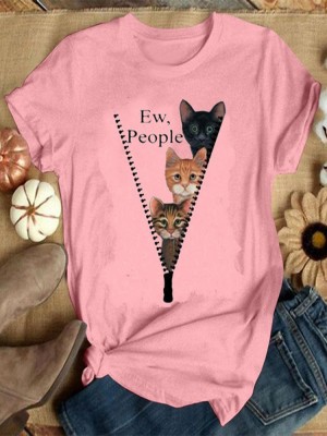 Women Cute Cartoon Cat Letter Print O  Neck Casual Short Sleeve T  Shirts