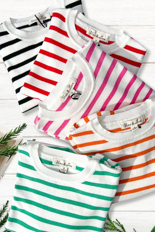 Ava Crewneck Puff Short Sleeve Stripe Sweater Top Ava Crewneck Puff Short Sleeve Stripe Sweater Top