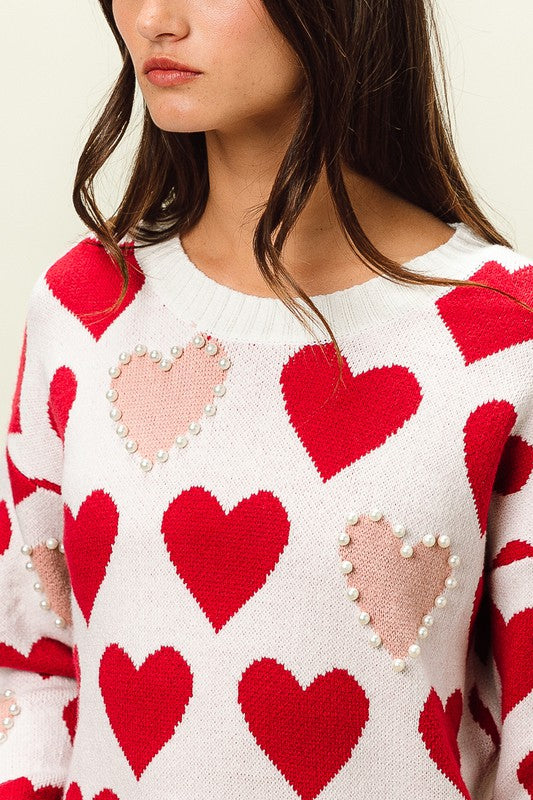 Heart Pattern Pearl Detail Knit Sweater Heart Pattern Pearl Detail Knit Sweater
