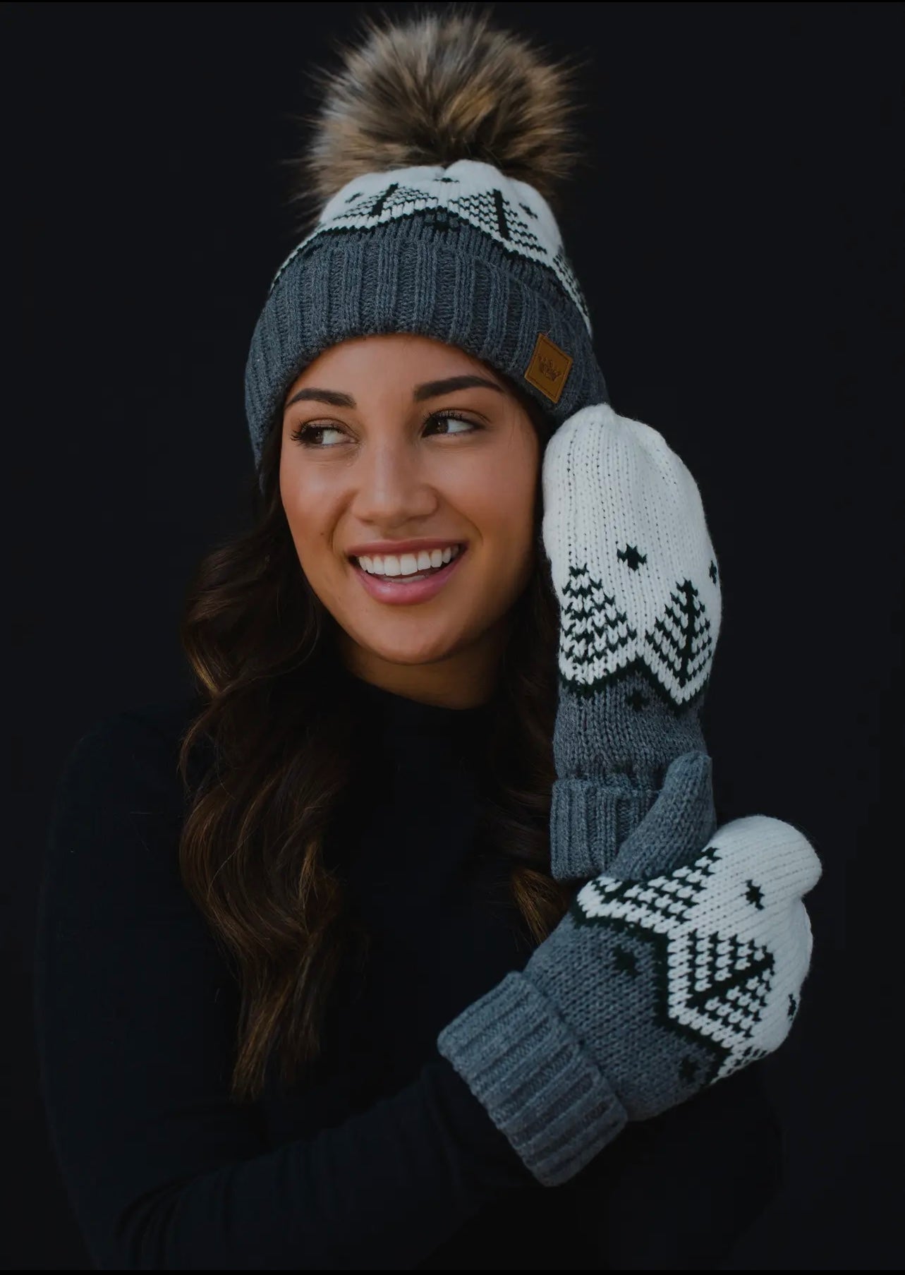 Fair Isle Knit Hat with Faux Fur Pom Fair Isle Knit Hat with Faux Fur Pom