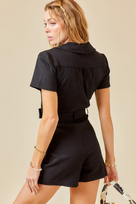 Beckham Zip Front Belted Denim Romper Beckham Zip Front Belted Denim Romper