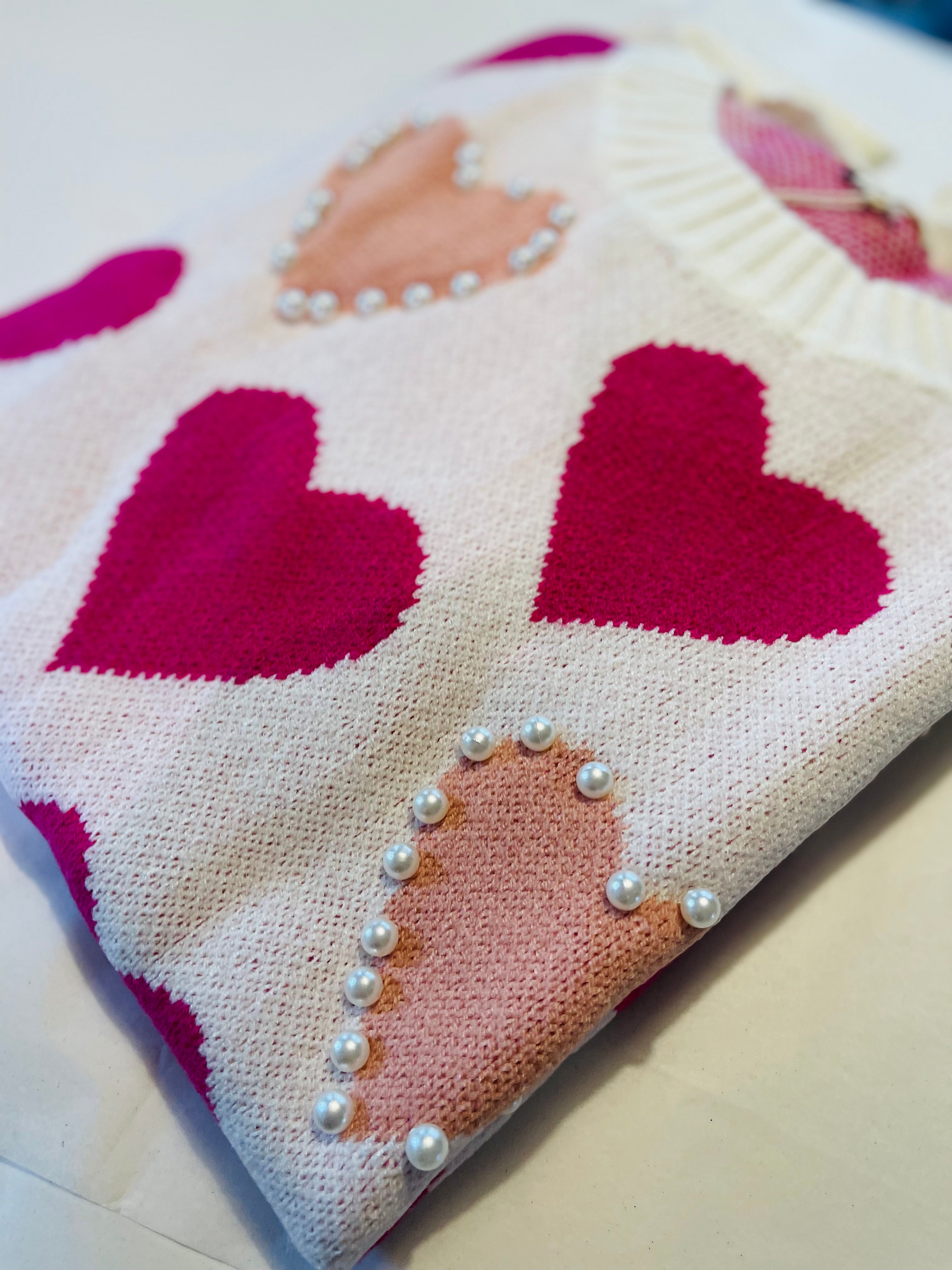 Heart Pattern Pearl Detail Knit Sweater Heart Pattern Pearl Detail Knit Sweater