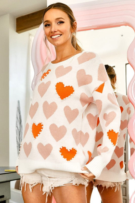 Heart Pattern Pearl Detail Knit Sweater Heart Pattern Pearl Detail Knit Sweater