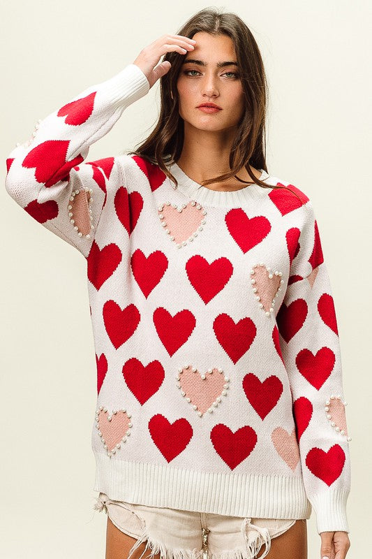 Heart Pattern Pearl Detail Knit Sweater Heart Pattern Pearl Detail Knit Sweater