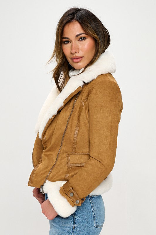 Faux Suede Moto Jacket with Faux Fur Accents Faux Suede Moto Jacket with Faux Fur Accents