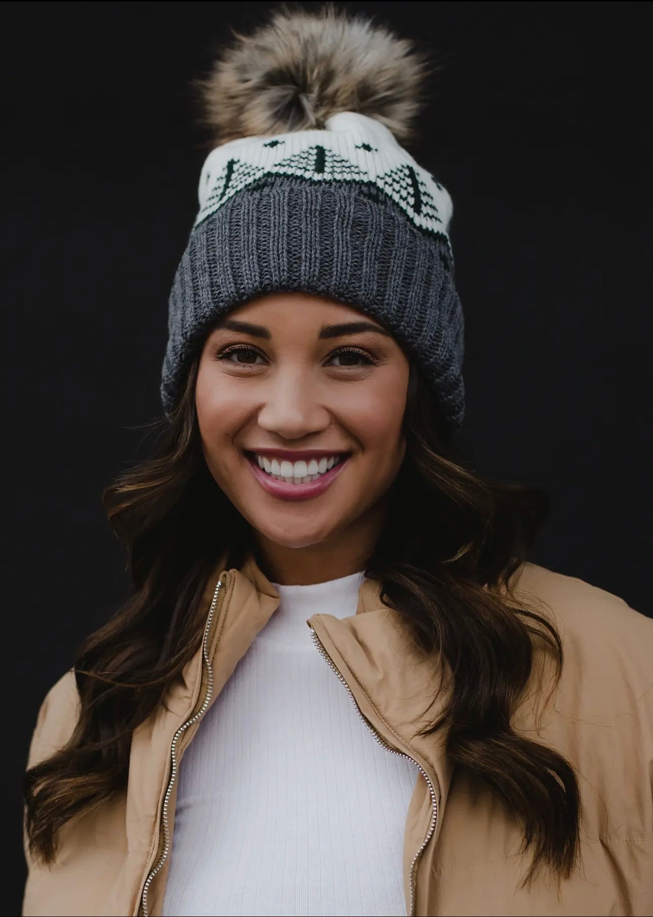 Fair Isle Knit Hat with Faux Fur Pom Fair Isle Knit Hat with Faux Fur Pom