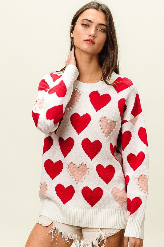 Heart Pattern Pearl Detail Knit Sweater Heart Pattern Pearl Detail Knit Sweater