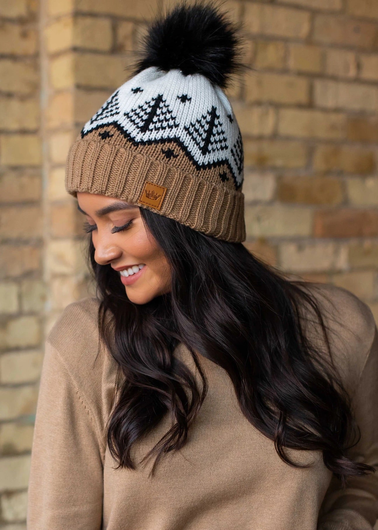 Fair Isle Knit Hat with Faux Fur Pom Fair Isle Knit Hat with Faux Fur Pom