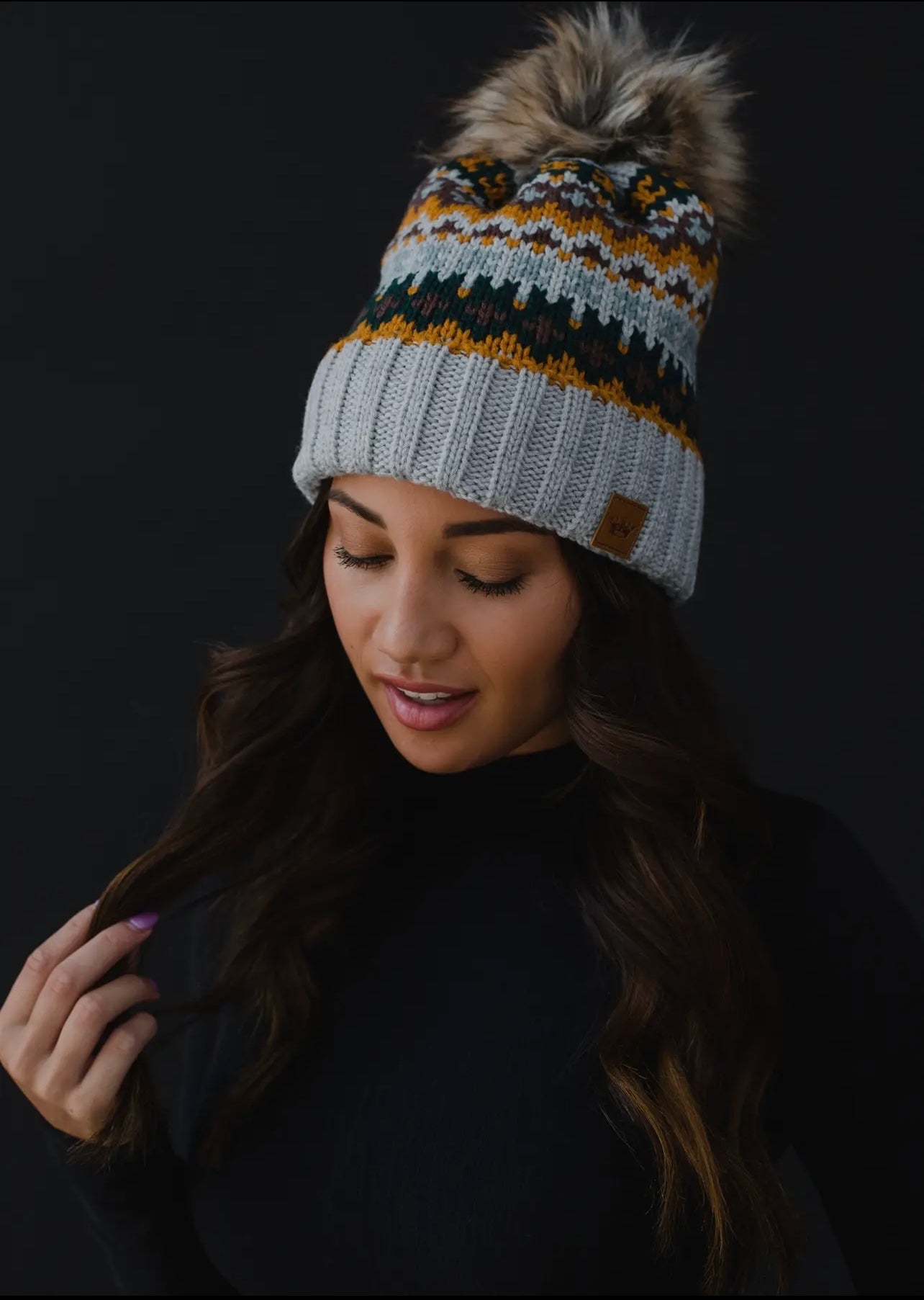 Patterned Knit Hat with Faux Fur pom Patterned Knit Hat with Faux Fur pom