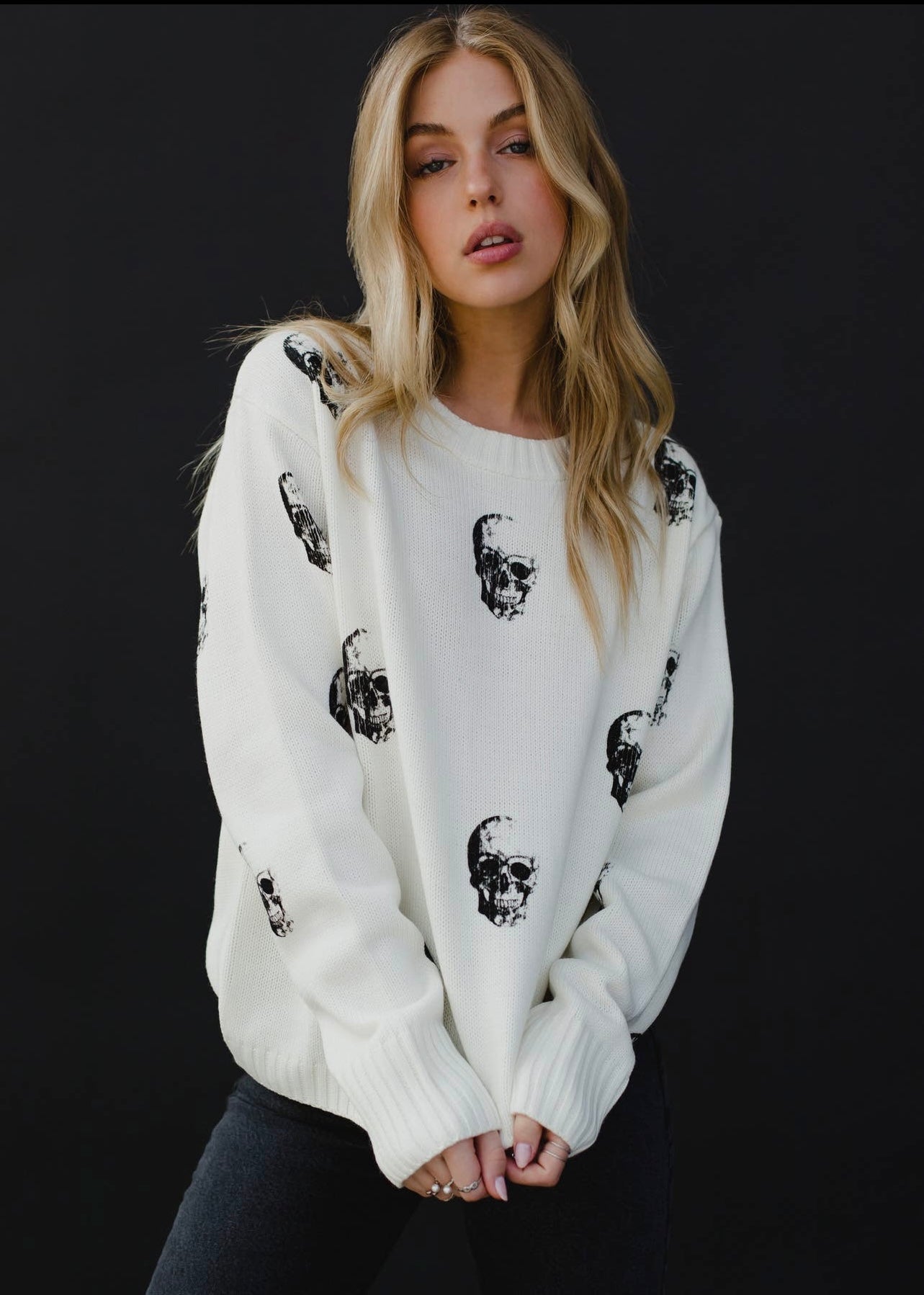 Skull Pattern Knit Crewneck Sweater Skull Pattern Knit Crewneck Sweater