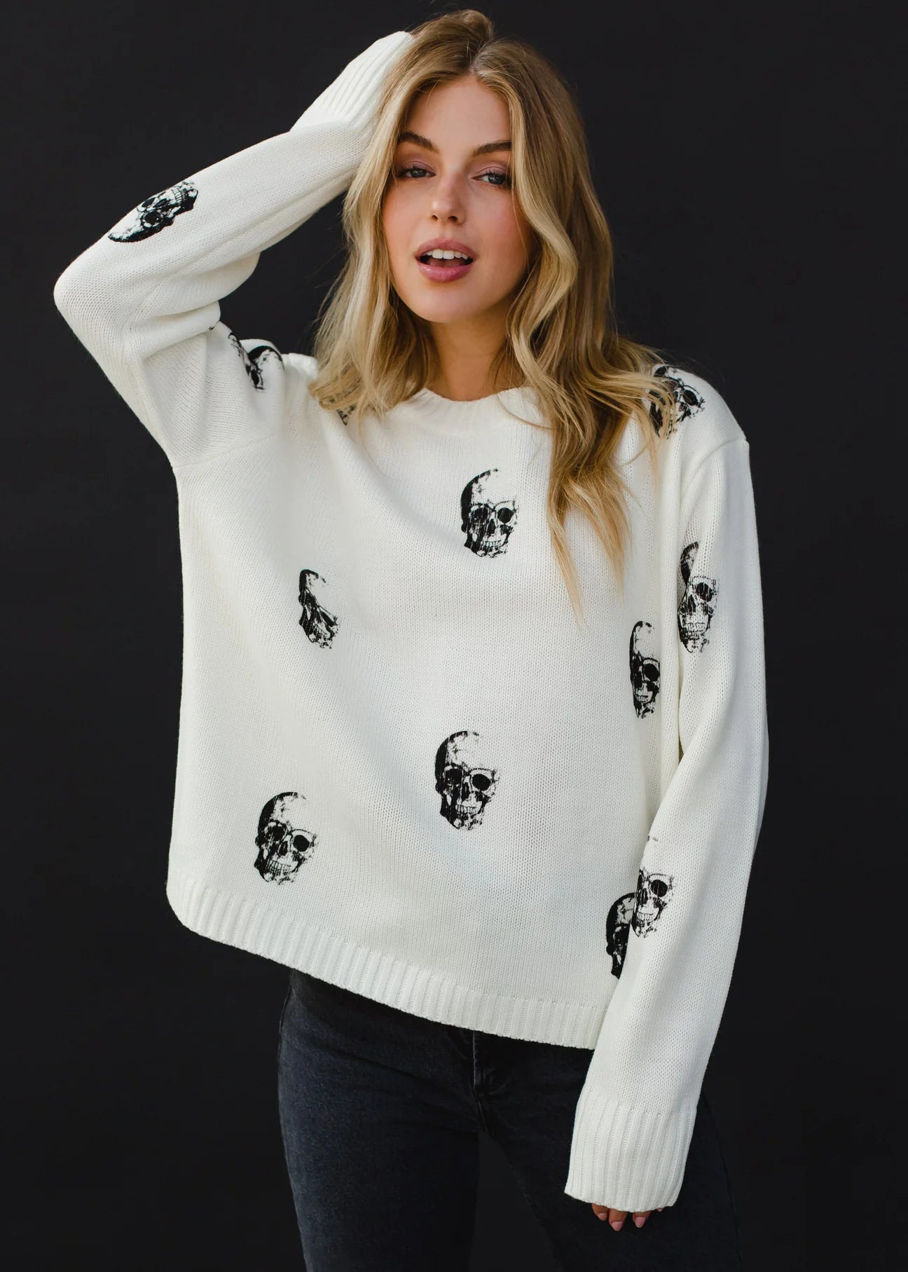 Skull Pattern Knit Crewneck Sweater Skull Pattern Knit Crewneck Sweater