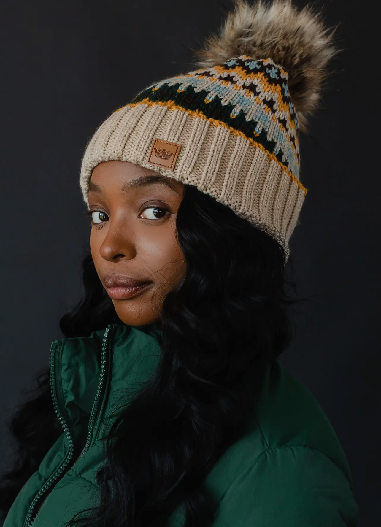 Patterned Knit Hat with Faux Fur pom Patterned Knit Hat with Faux Fur pom