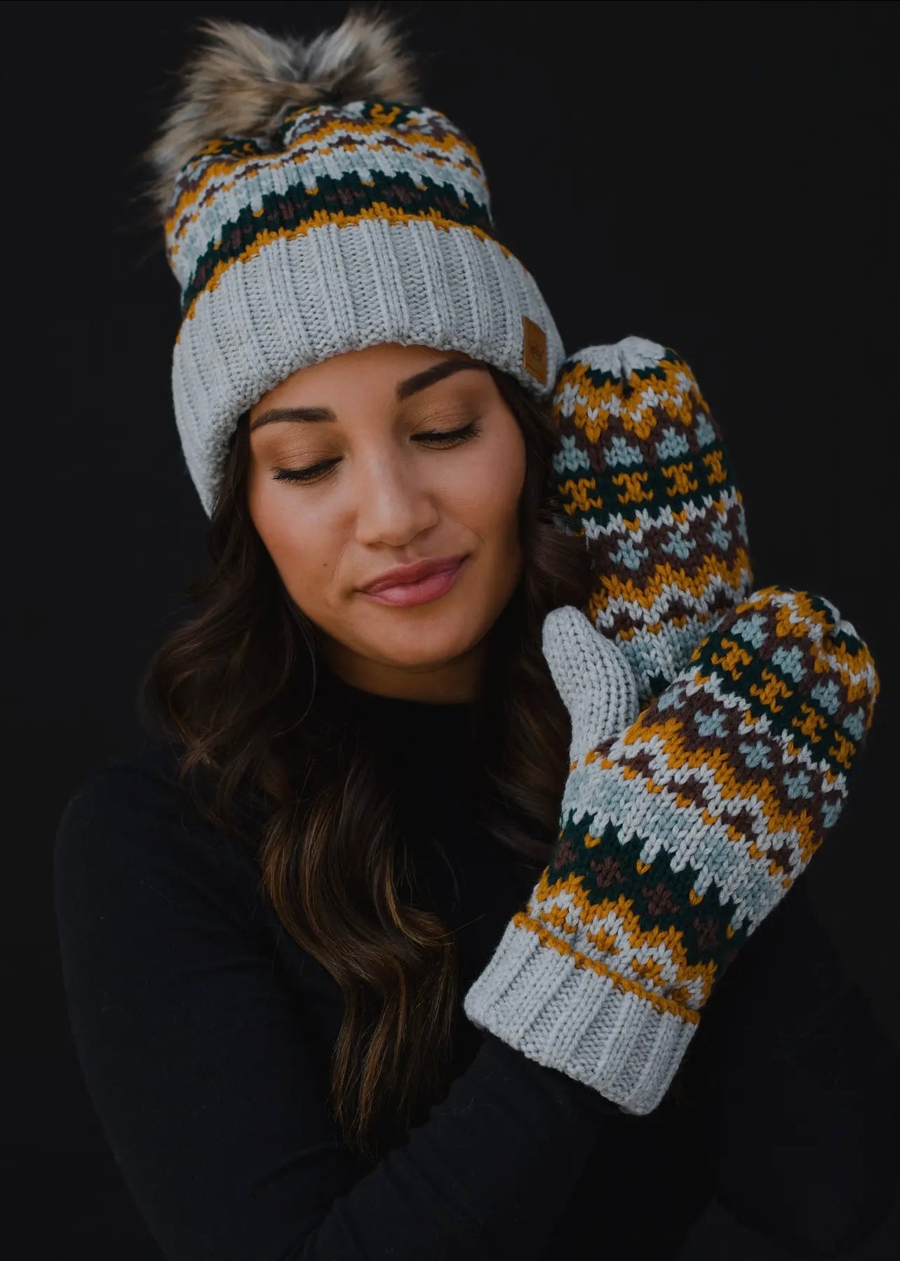 Patterned Knit Hat with Faux Fur pom Patterned Knit Hat with Faux Fur pom
