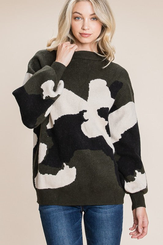 Quinn Camo Pattern Puff Sleeve Sweater Quinn Camo Pattern Puff Sleeve Sweater