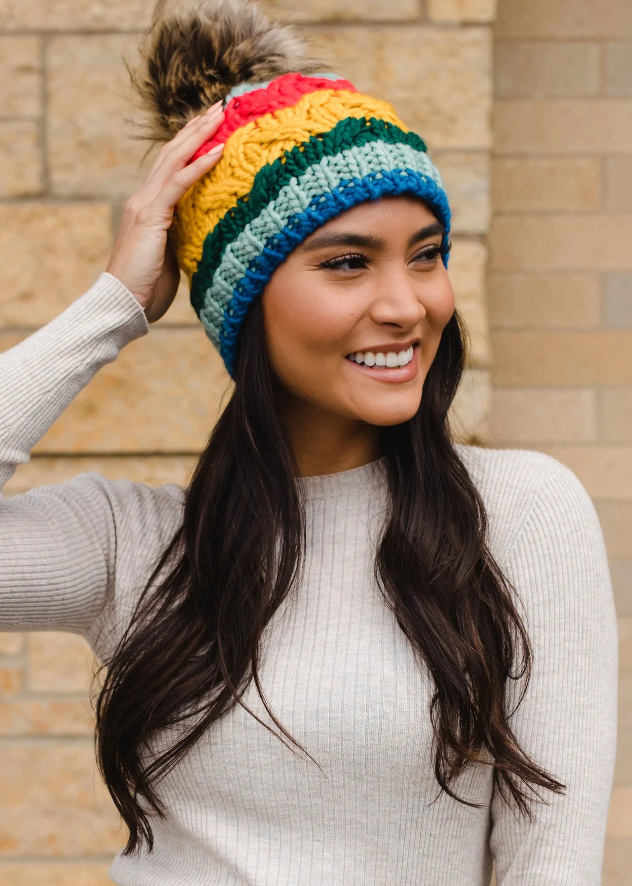 Multicolor Stripe Knit Hat with Pom Multicolor Stripe Knit Hat with Pom