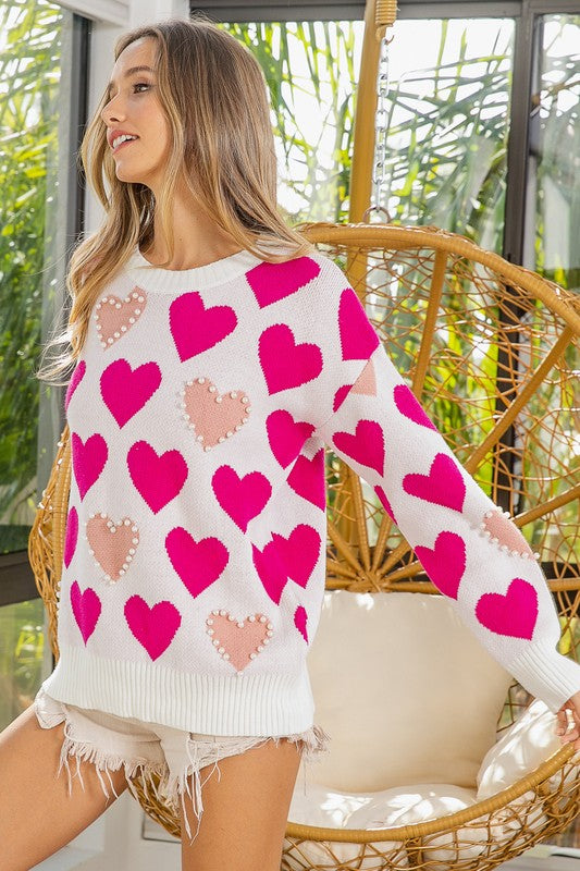 Heart Pattern Pearl Detail Knit Sweater Heart Pattern Pearl Detail Knit Sweater