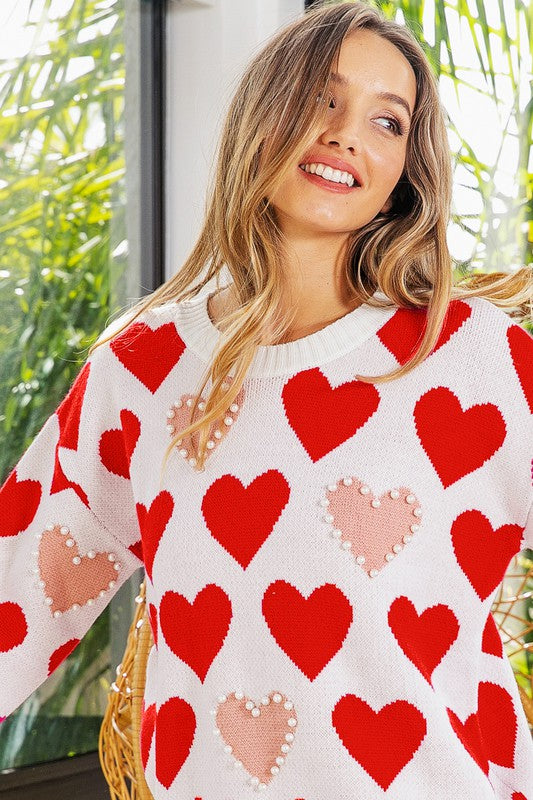 Heart Pattern Pearl Detail Knit Sweater Heart Pattern Pearl Detail Knit Sweater