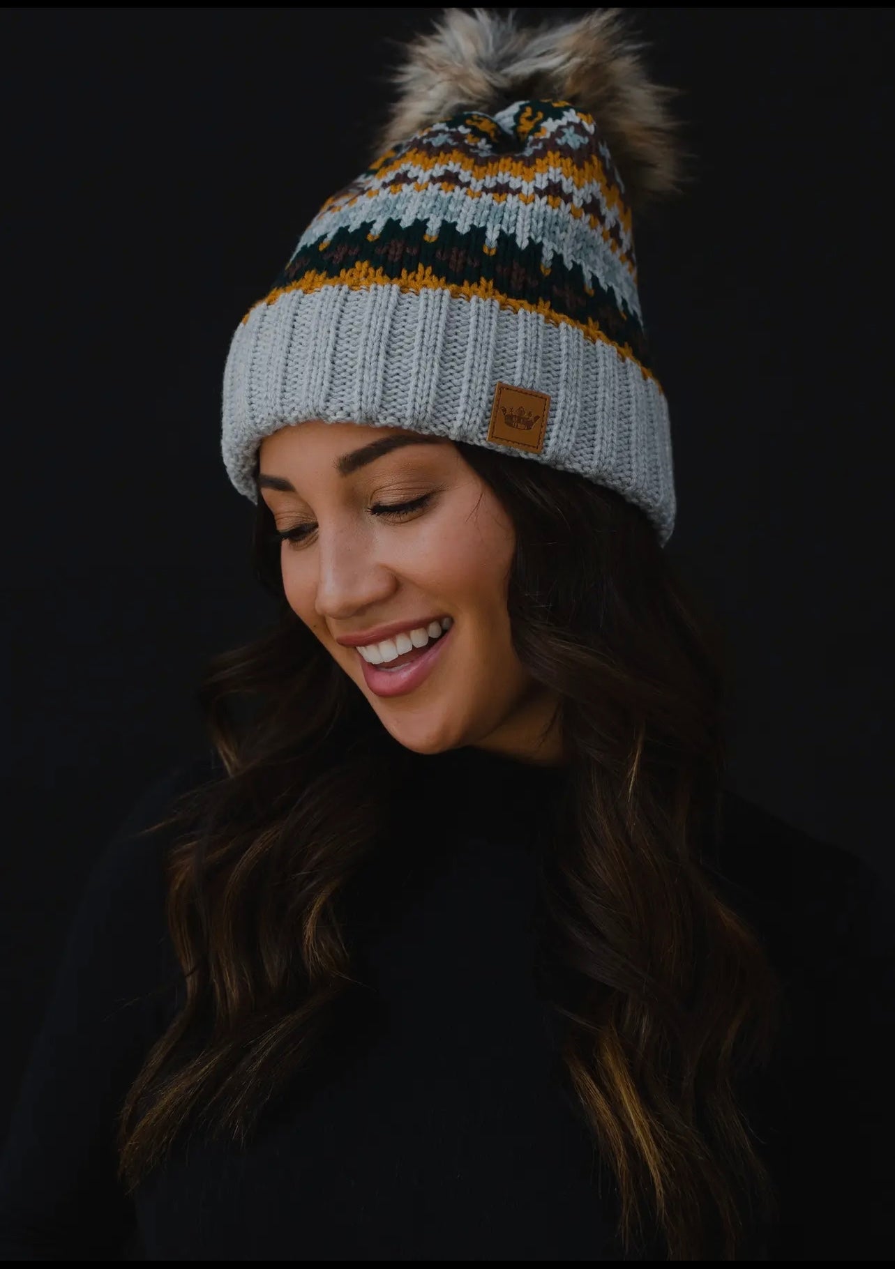 Patterned Knit Hat with Faux Fur pom Patterned Knit Hat with Faux Fur pom