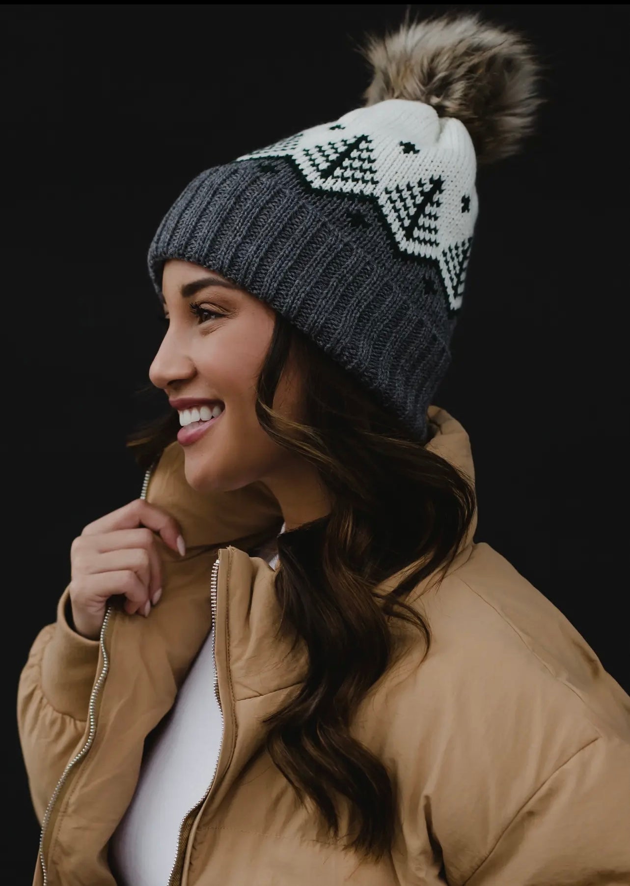 Fair Isle Knit Hat with Faux Fur Pom Fair Isle Knit Hat with Faux Fur Pom