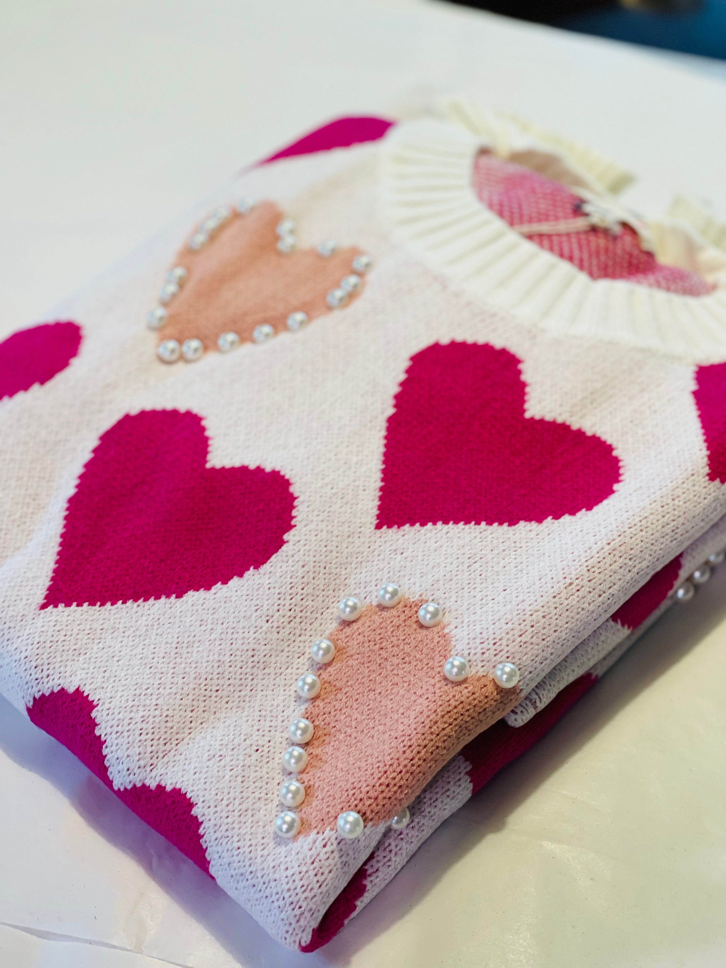 Heart Pattern Pearl Detail Knit Sweater Heart Pattern Pearl Detail Knit Sweater