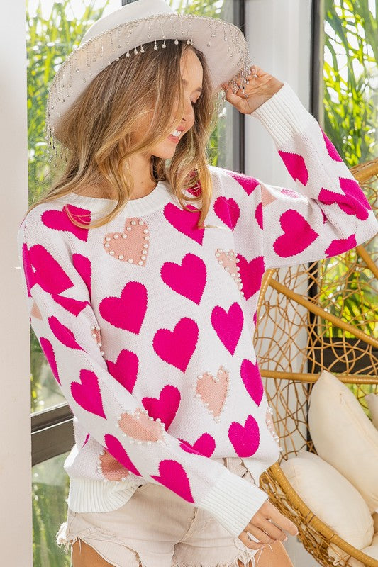 Heart Pattern Pearl Detail Knit Sweater Heart Pattern Pearl Detail Knit Sweater