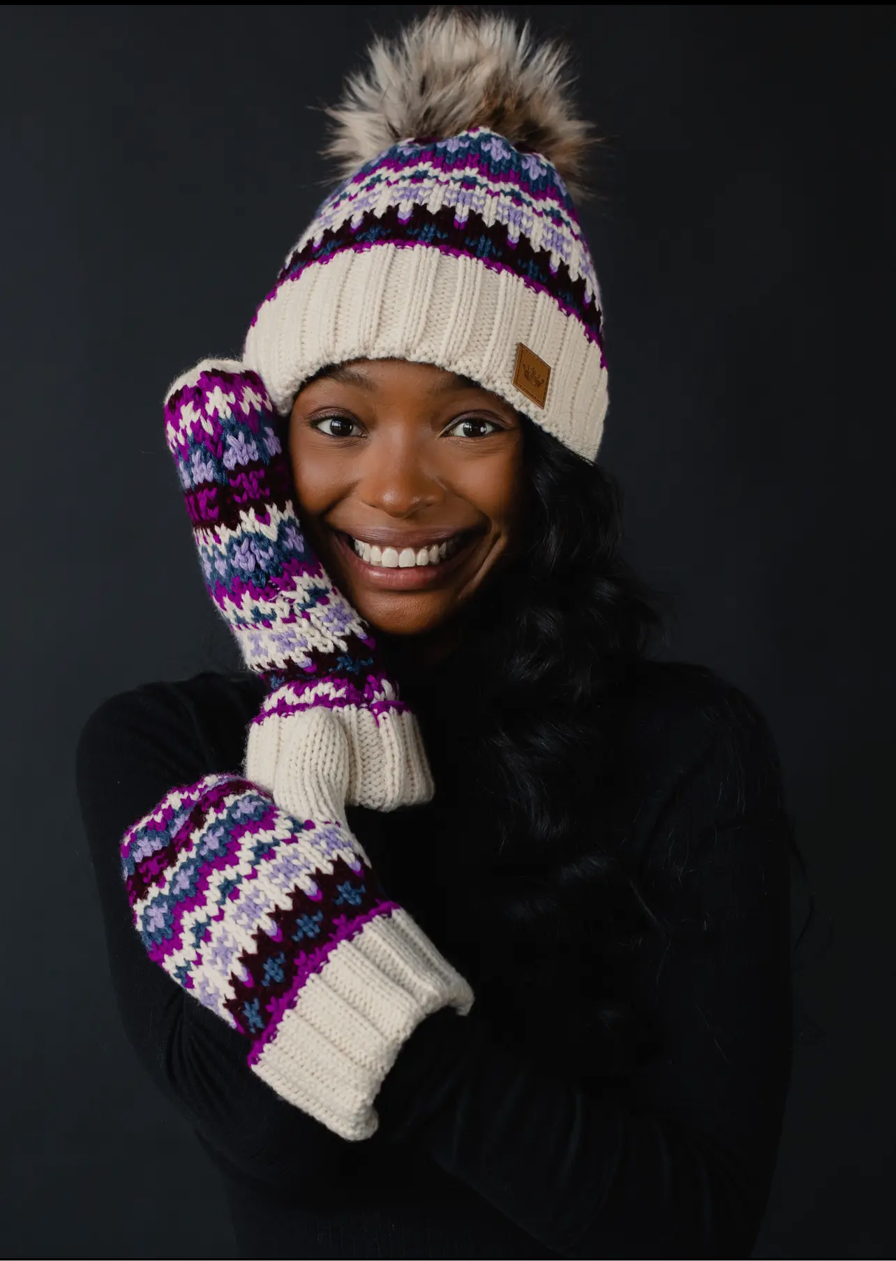 Patterned Knit Hat with Faux Fur pom Patterned Knit Hat with Faux Fur pom