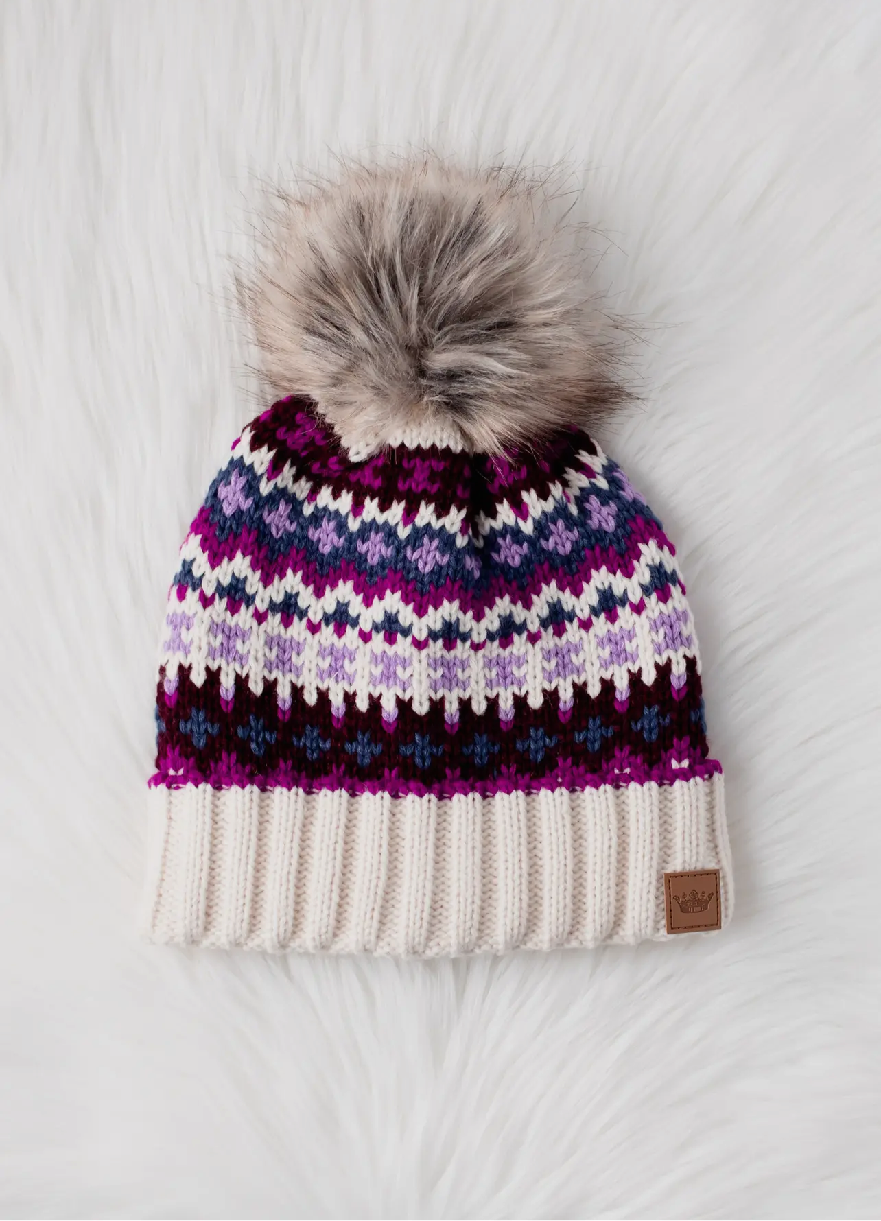Patterned Knit Hat with Faux Fur pom Patterned Knit Hat with Faux Fur pom