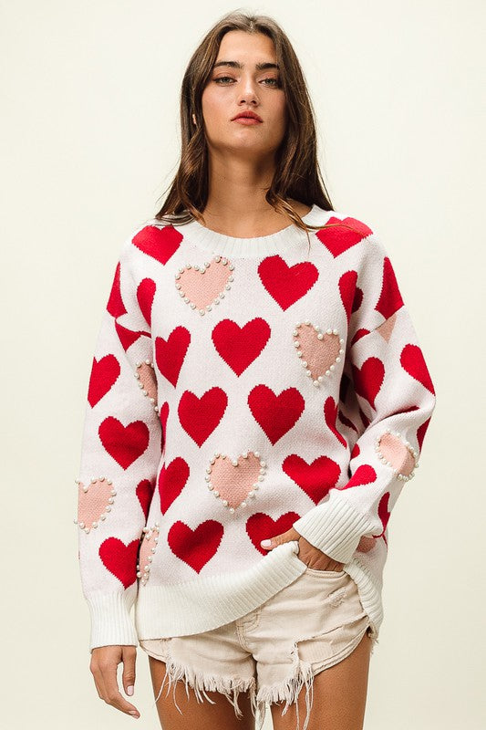 Heart Pattern Pearl Detail Knit Sweater Heart Pattern Pearl Detail Knit Sweater