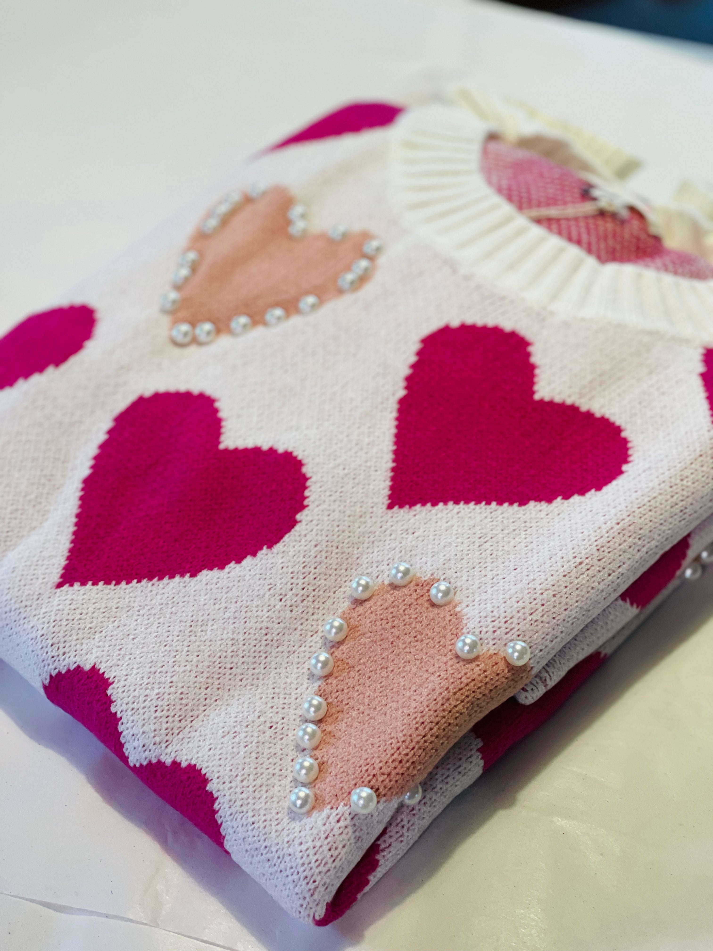 Heart Pattern Pearl Detail Knit Sweater Heart Pattern Pearl Detail Knit Sweater