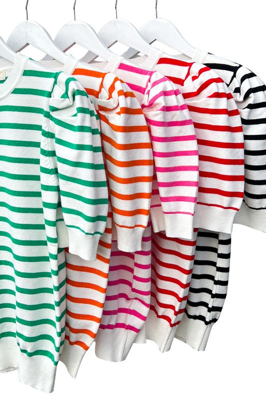 Ava Crewneck Puff Short Sleeve Stripe Sweater Top Ava Crewneck Puff Short Sleeve Stripe Sweater Top