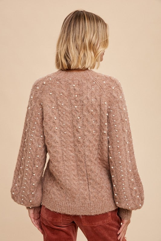 Pearl Detail Fuzzy Cable Knit Sweater Pearl Detail Fuzzy Cable Knit Sweater