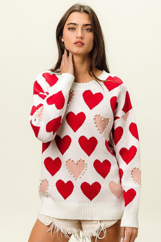 Heart Pattern Pearl Detail Knit Sweater Heart Pattern Pearl Detail Knit Sweater