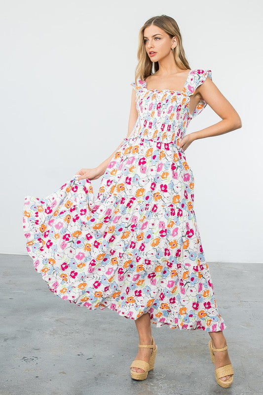 Astrid Smocked Floral Print Tiered Midi Dress