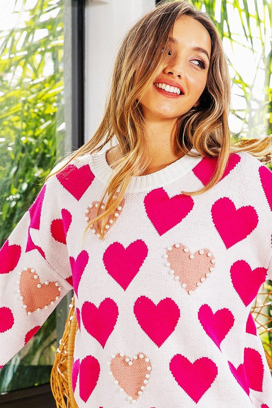 Heart Pattern Pearl Detail Knit Sweater Heart Pattern Pearl Detail Knit Sweater