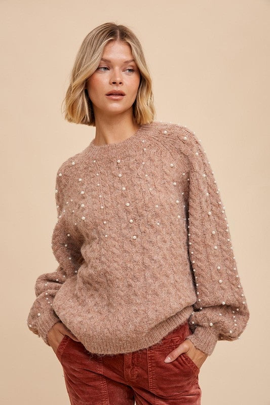 Pearl Detail Fuzzy Cable Knit Sweater Pearl Detail Fuzzy Cable Knit Sweater
