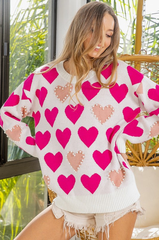 Heart Pattern Pearl Detail Knit Sweater Heart Pattern Pearl Detail Knit Sweater