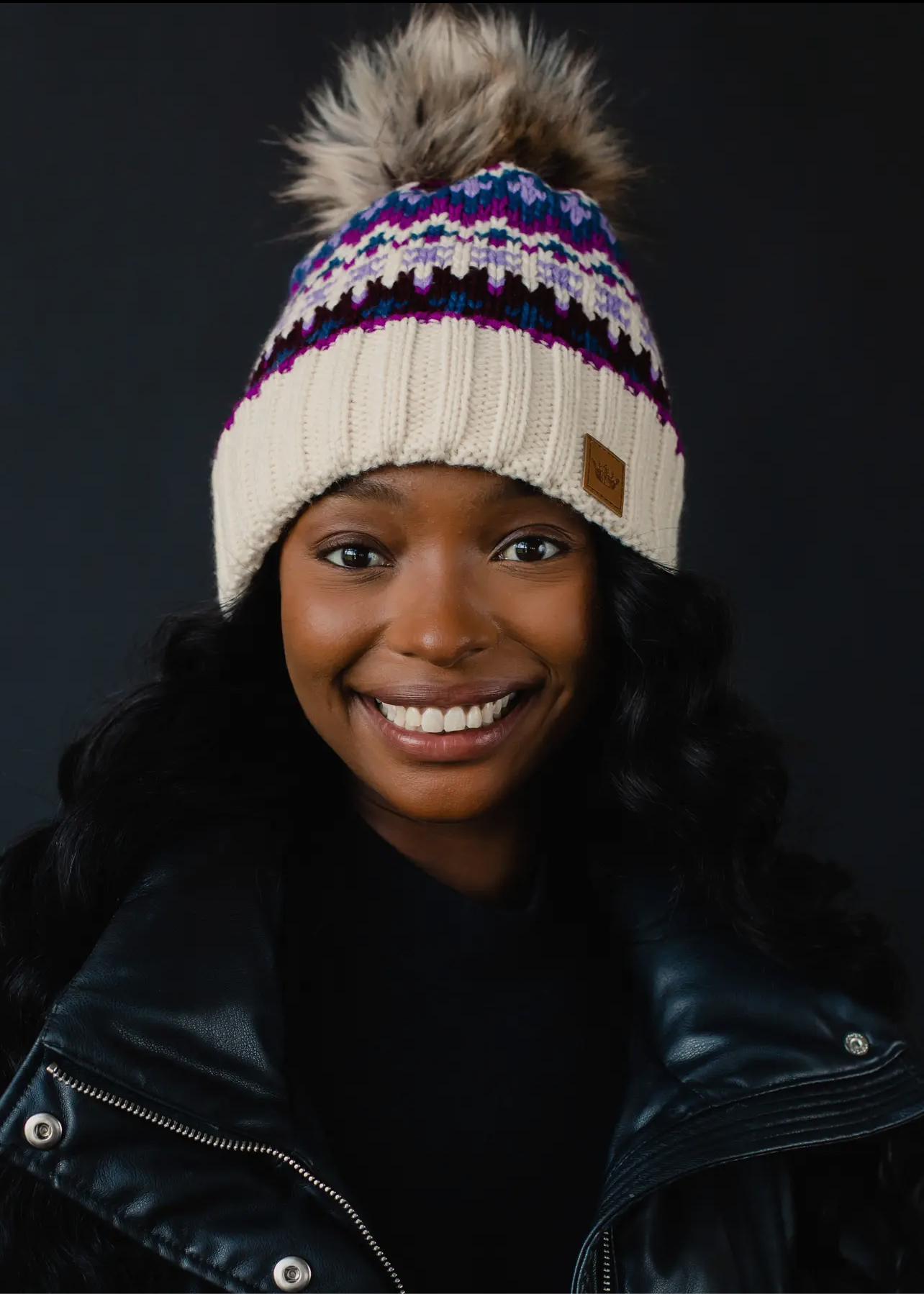 Patterned Knit Hat with Faux Fur pom Patterned Knit Hat with Faux Fur pom