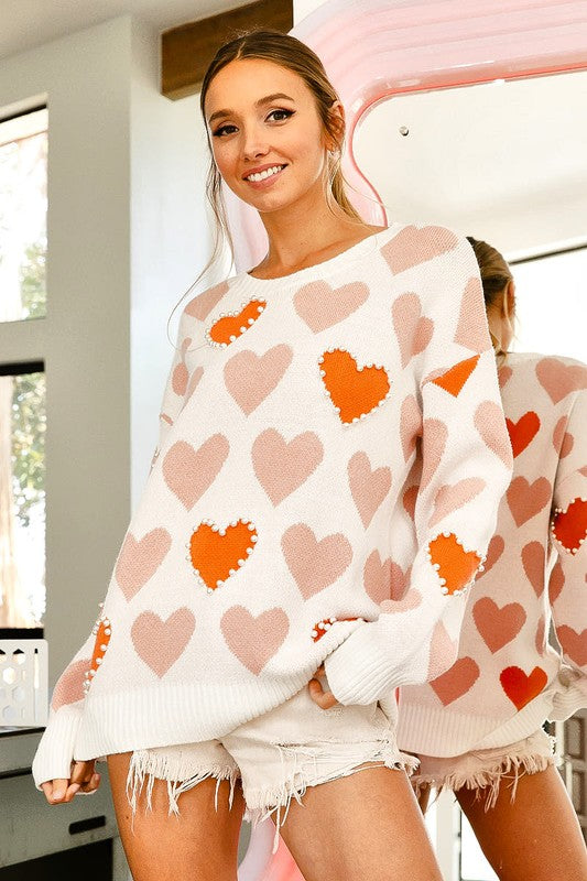 Heart Pattern Pearl Detail Knit Sweater Heart Pattern Pearl Detail Knit Sweater