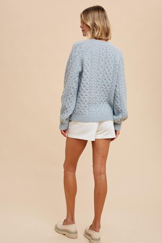 Pearl Detail Fuzzy Cable Knit Sweater Pearl Detail Fuzzy Cable Knit Sweater