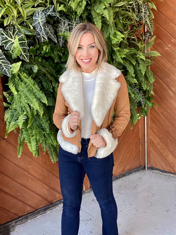 Faux Suede Moto Jacket with Faux Fur Accents Faux Suede Moto Jacket with Faux Fur Accents