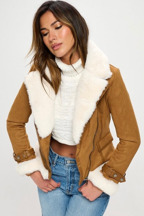 Faux Suede Moto Jacket with Faux Fur Accents Faux Suede Moto Jacket with Faux Fur Accents