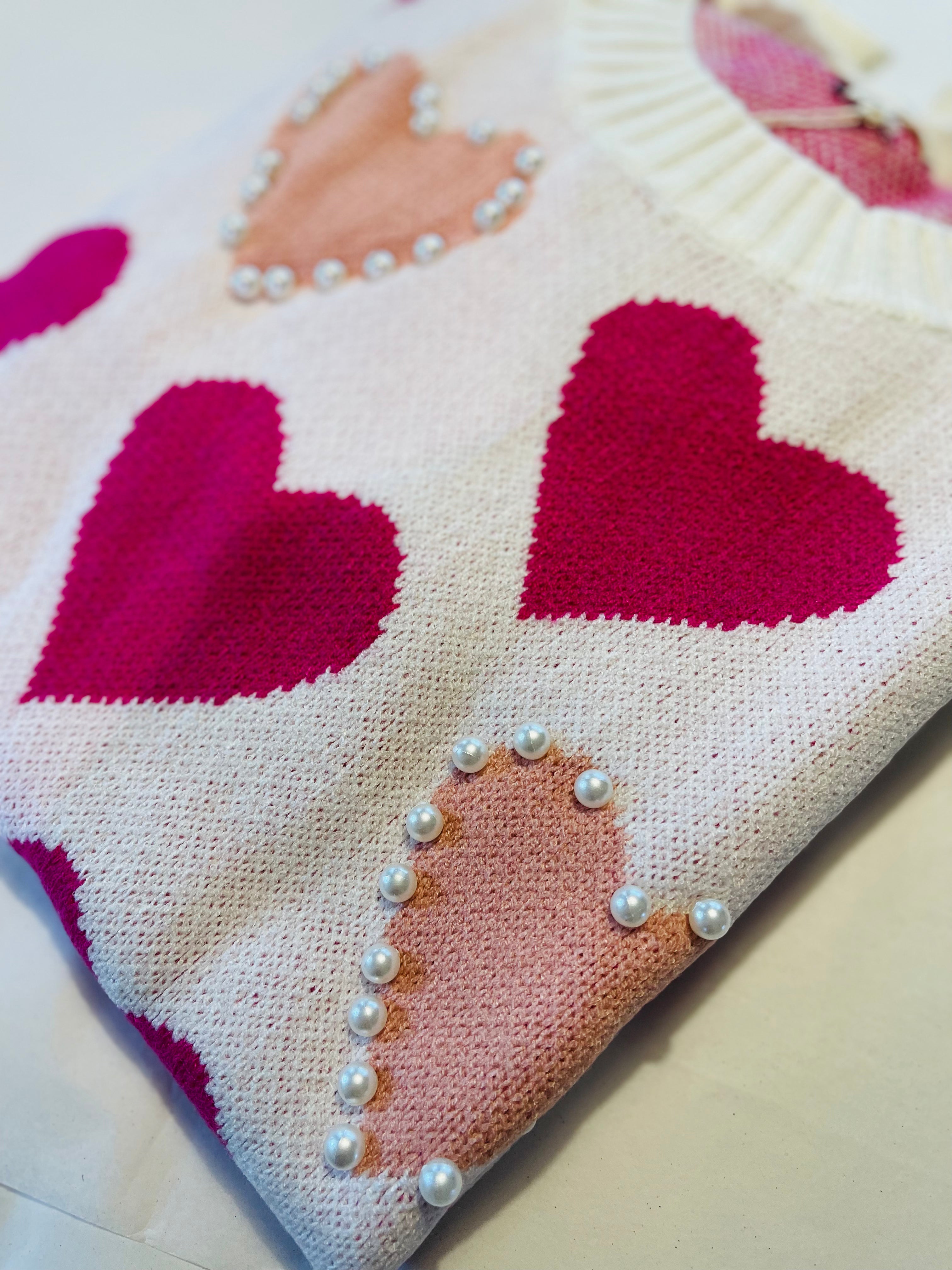 Heart Pattern Pearl Detail Knit Sweater Heart Pattern Pearl Detail Knit Sweater